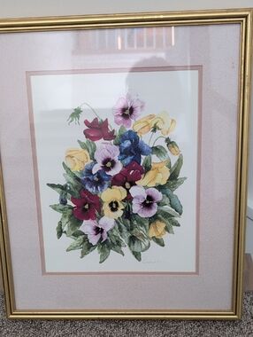 Original art .Framed Botanical Pansy Multicolor Floral Art